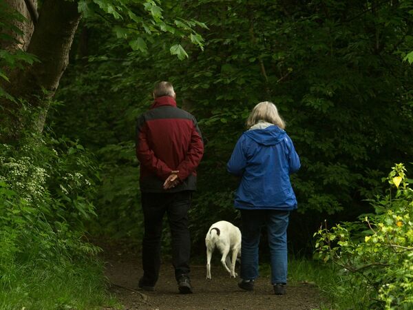 Couple walking dog