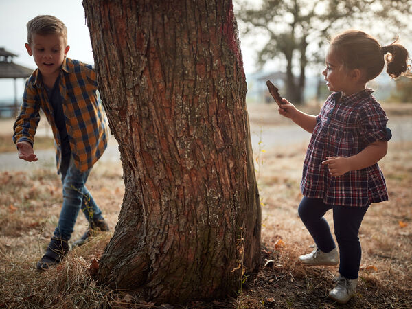 children playing around tree